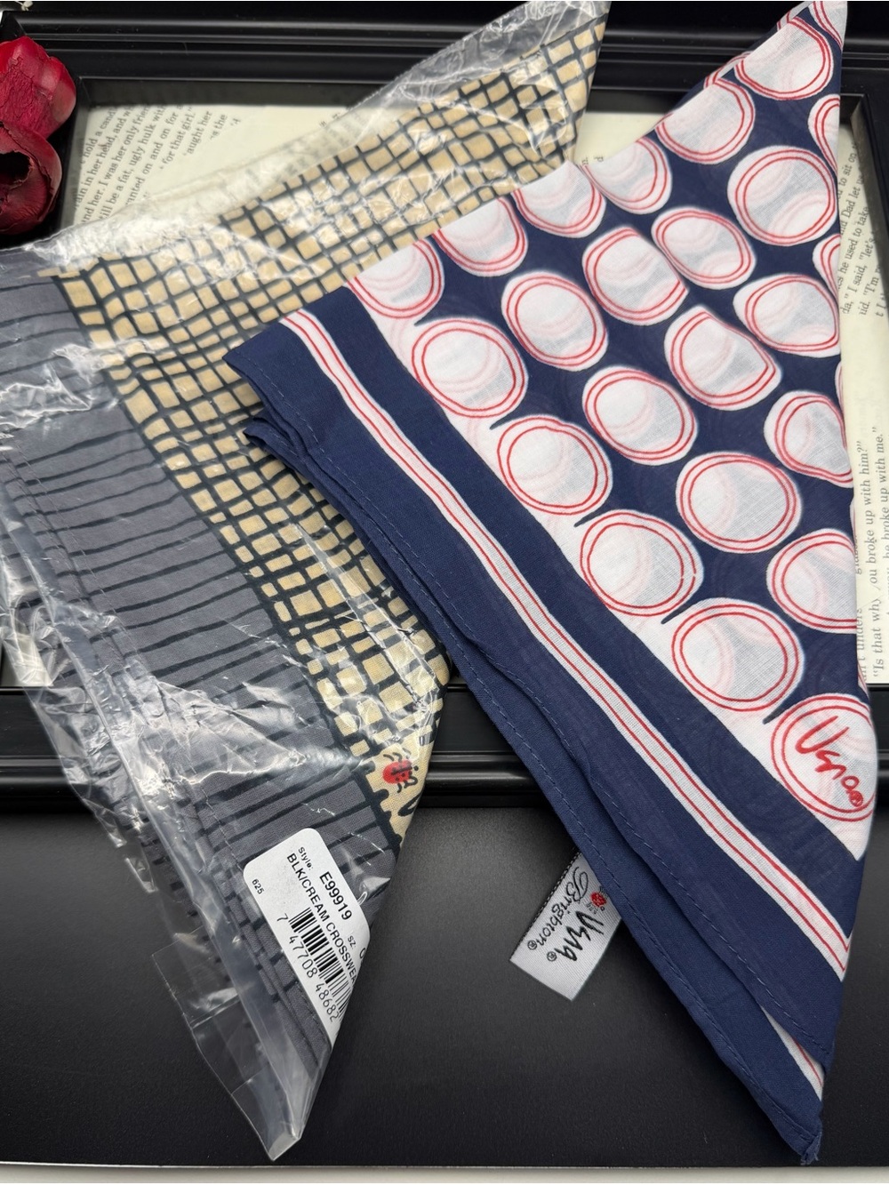 Brighton Set of 2 Scarves-  Navy and White Polka Dot and Black and Beige